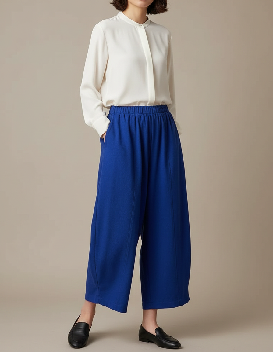 Pantalon Chinois Bleu Ample Confortable Élastique Femme - Polyester