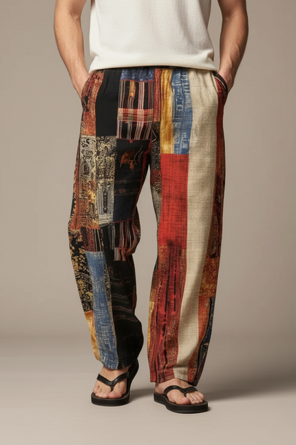 Pantalon Chinois Patchwork Ethnique Ample Lin Homme - Multicolore