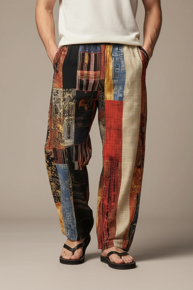Pantalon Chinois Patchwork Ethnique Ample Lin Homme - Multicolore