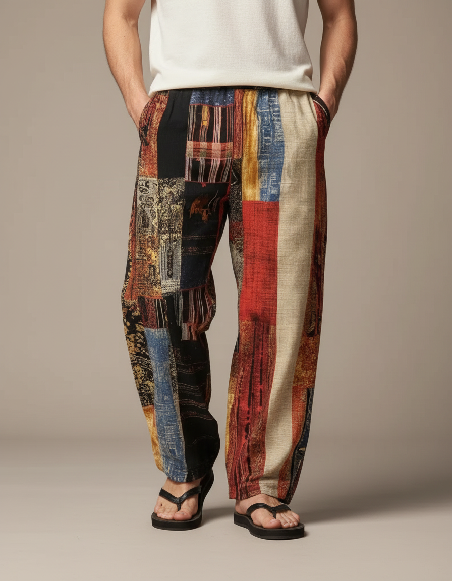 Pantalon Chinois Patchwork Ethnique Ample Lin Homme - Multicolore