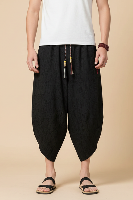 Pantalon Chinois Noir Ample Coton Lin Texturé Décontracté