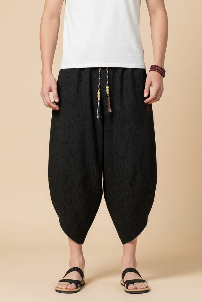 Pantalon Chinois Noir Ample Coton Lin Texturé Décontracté