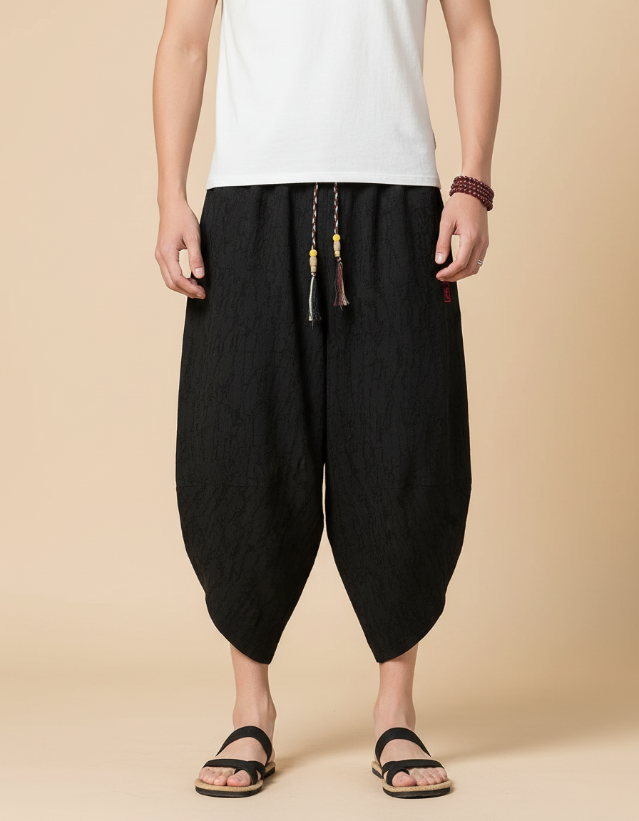Pantalon Chinois Noir Ample Coton Lin Texturé Décontracté