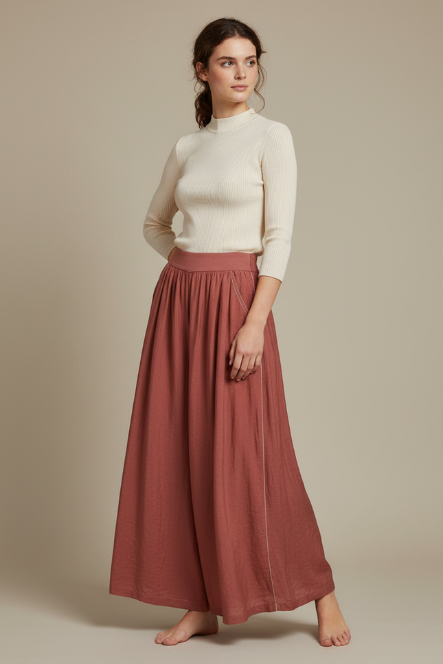 Pantalon Chinois Terracotta Ample Fluide Élégant - Marron Lin