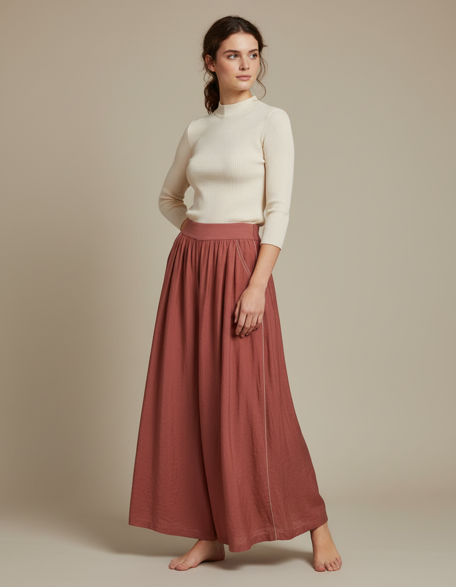 Pantalon Chinois Terracotta Ample Fluide Élégant - Marron Lin