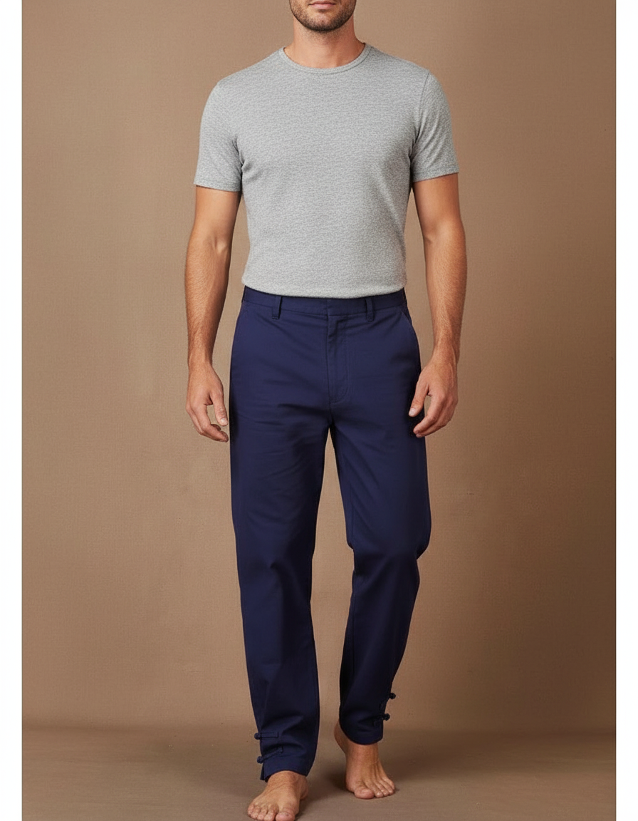 Pantalon Chinois Bleu Marine Coton Ample Confortable Homme