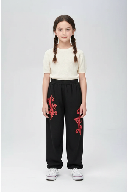 Pantalon Chinois Noir Ample Brodé Rouge Enfant - Molleton