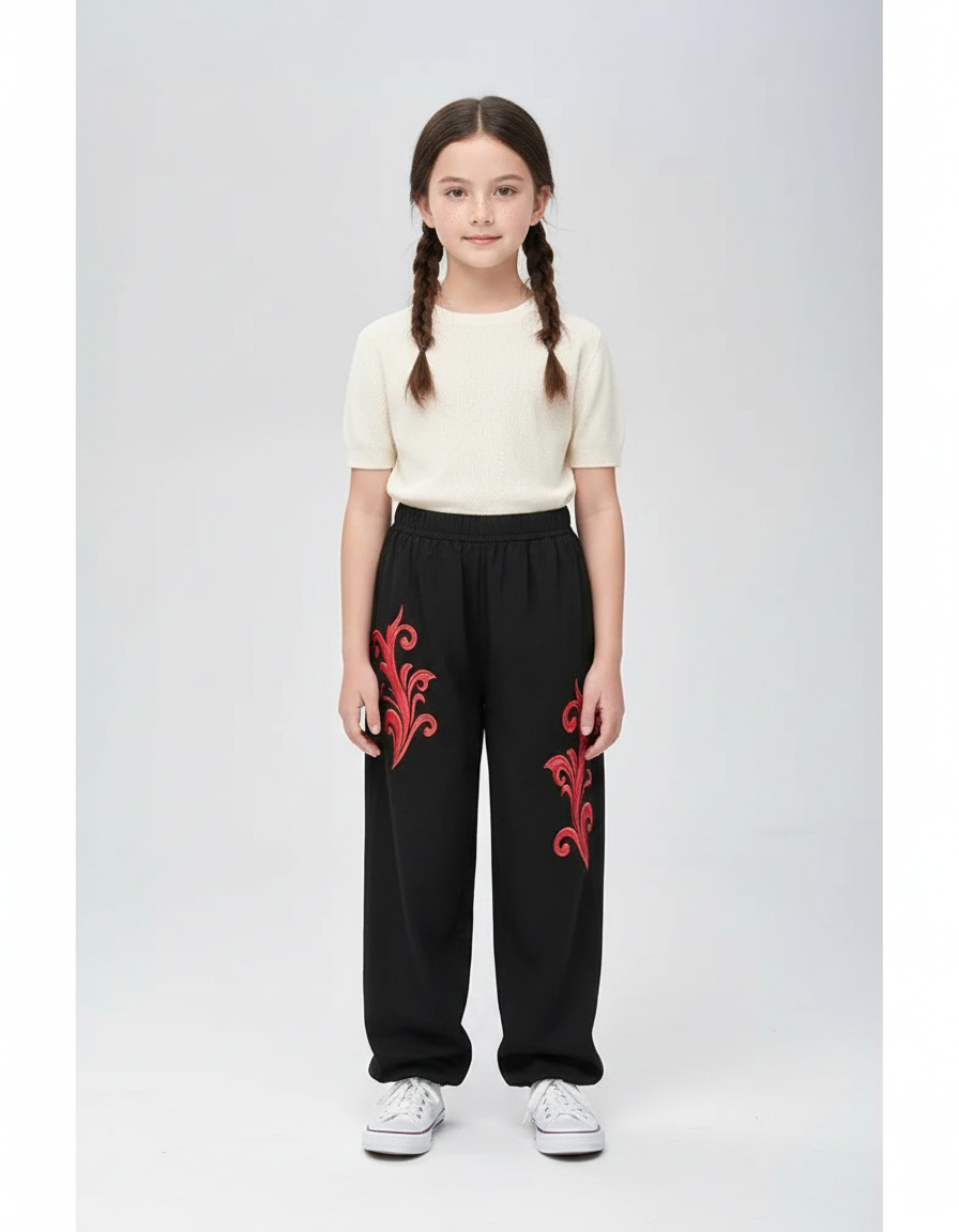 Pantalon Chinois Noir Ample Brodé Rouge Enfant - Molleton