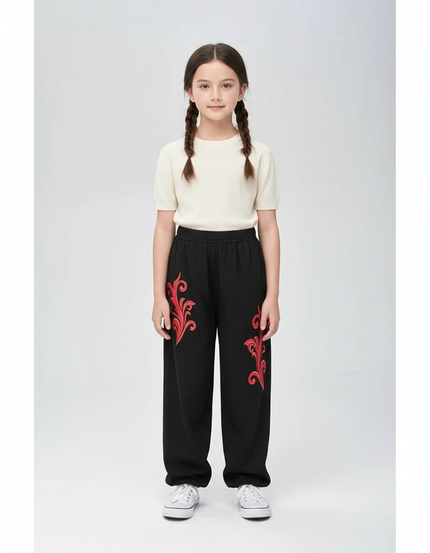 Pantalon Chinois Noir Ample Brodé Rouge Enfant - Molleton