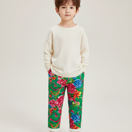Pantalon Chinois Vert Floral Matelassé Enfant - Polyester