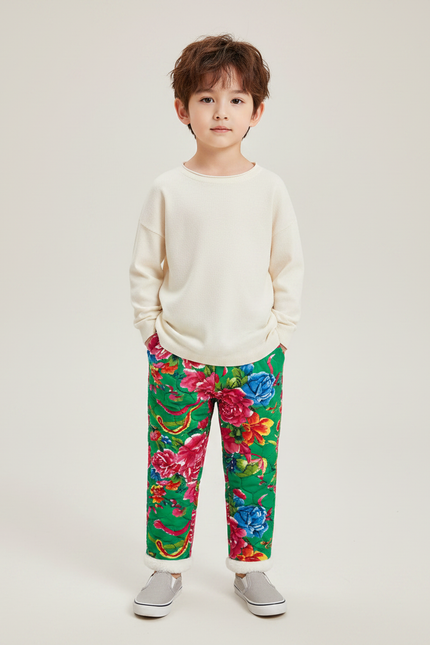Pantalon Chinois Vert Floral Matelassé Enfant - Polyester