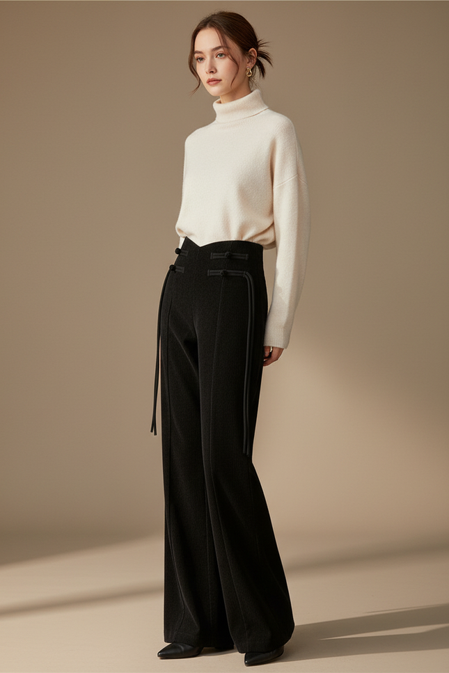 Pantalon Chinois Noir Corduroy Taille Haute Ample - Cordé