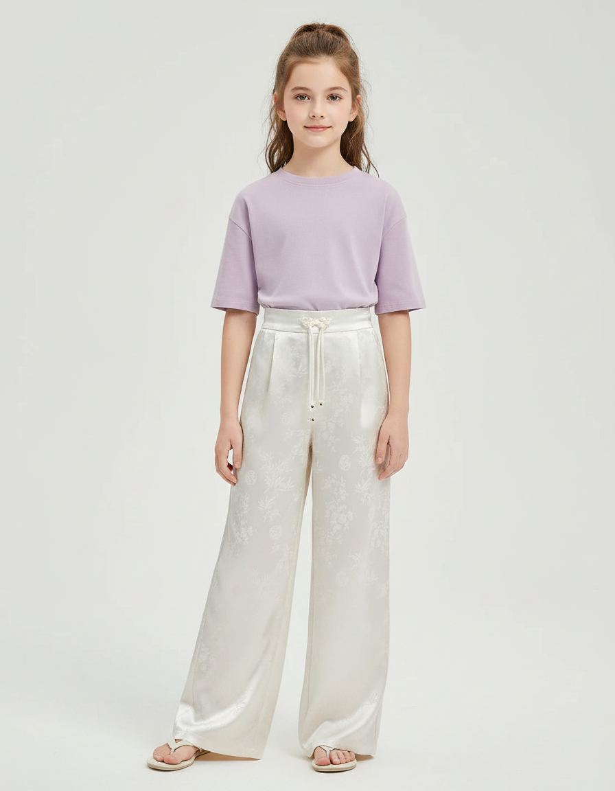 Pantalon Chinois Blanc Satiné Imprimé Fluide Enfant