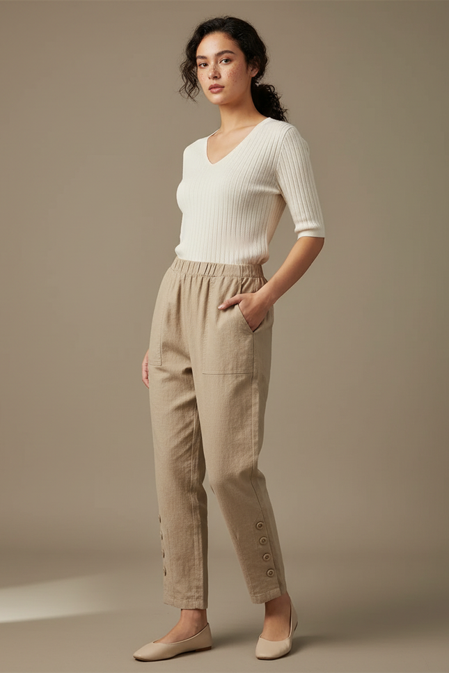 Pantalon Chinois Beige Lin Ample Boutons Décontracté