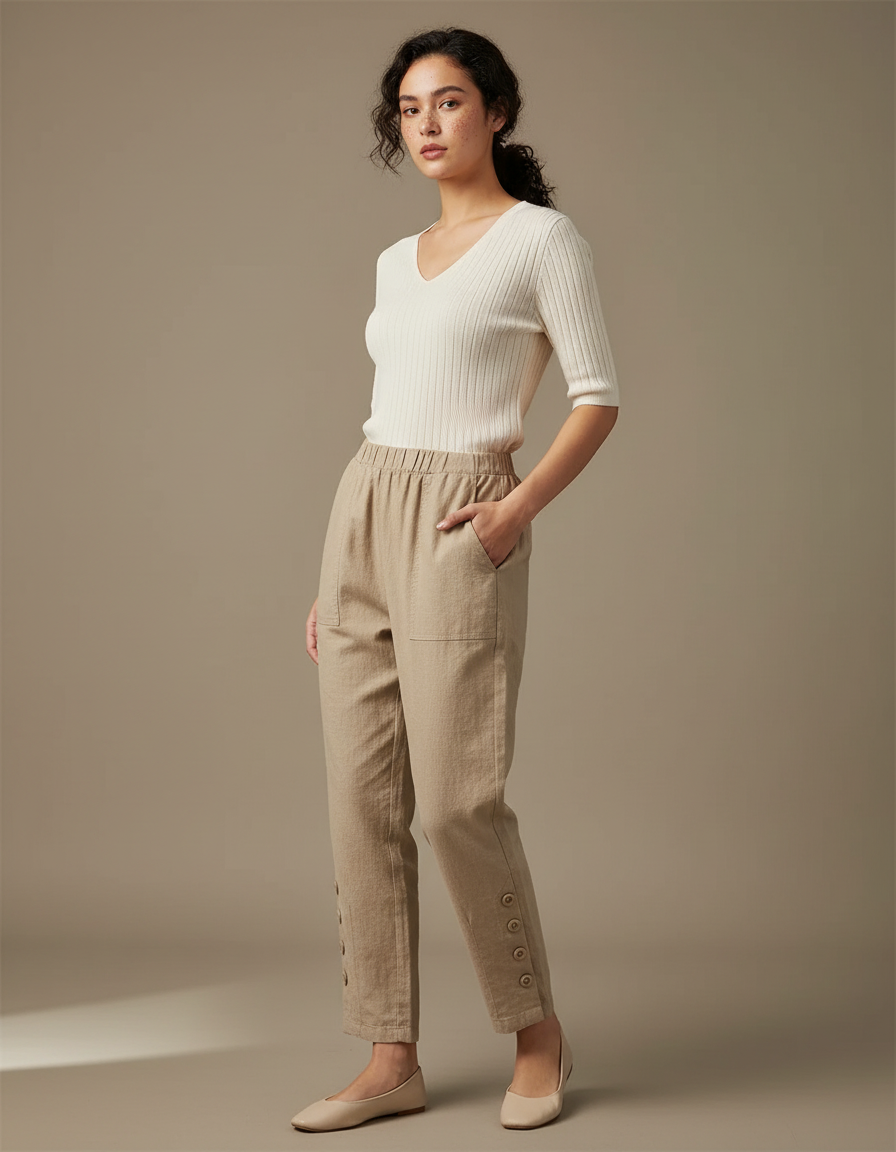 Pantalon Chinois Beige Lin Ample Boutons Décontracté