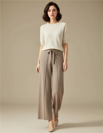 Pantalon Chinois Maille Beige Ample Droit Décontracté