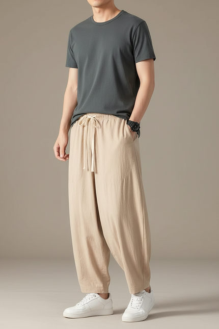 Pantalon Chinois Harem Lin Ample Décontracté Beige
