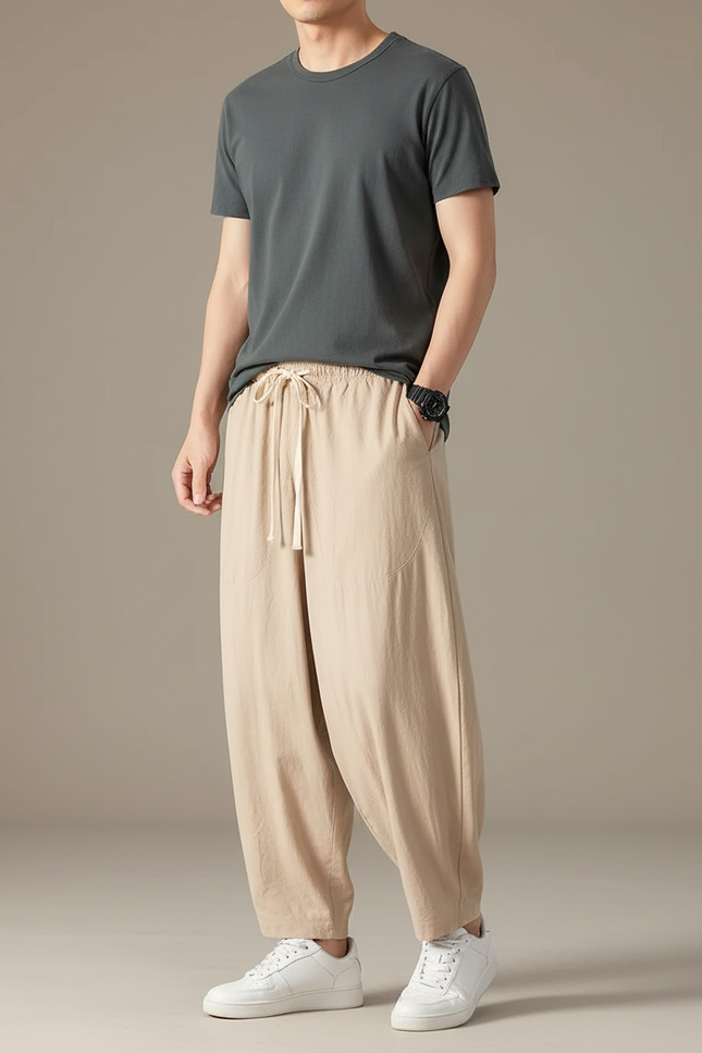 Pantalon Chinois Harem Lin Ample Décontracté Beige