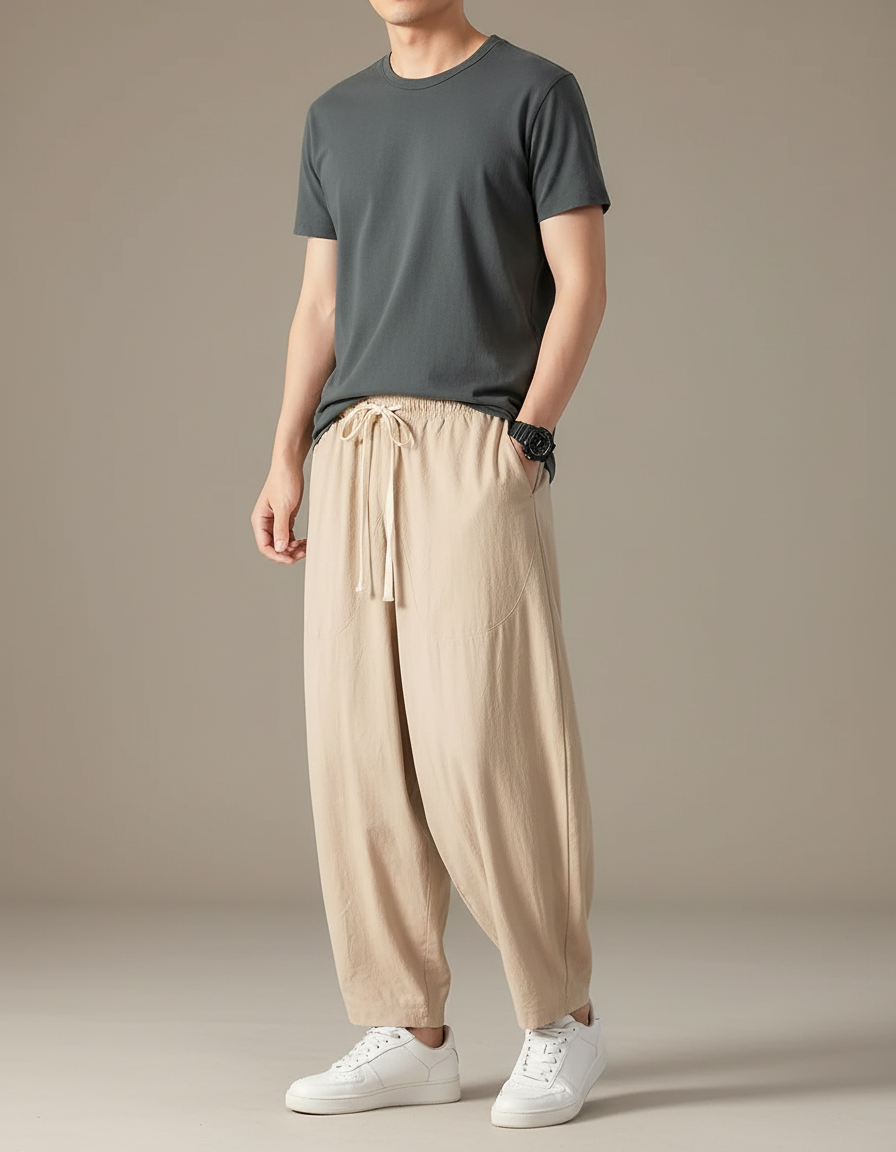 Pantalon Chinois Harem Lin Ample Décontracté Beige