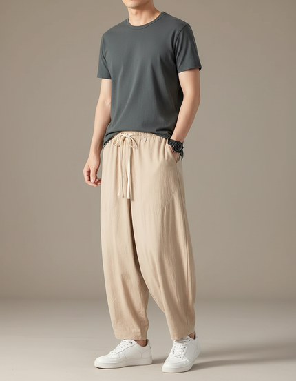 Pantalon Chinois Harem Lin Ample Décontracté Beige