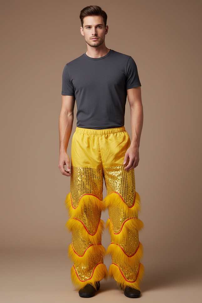 Pantalon Chinois Jaune Scintillant Fourrure Festif Homme - Polyester