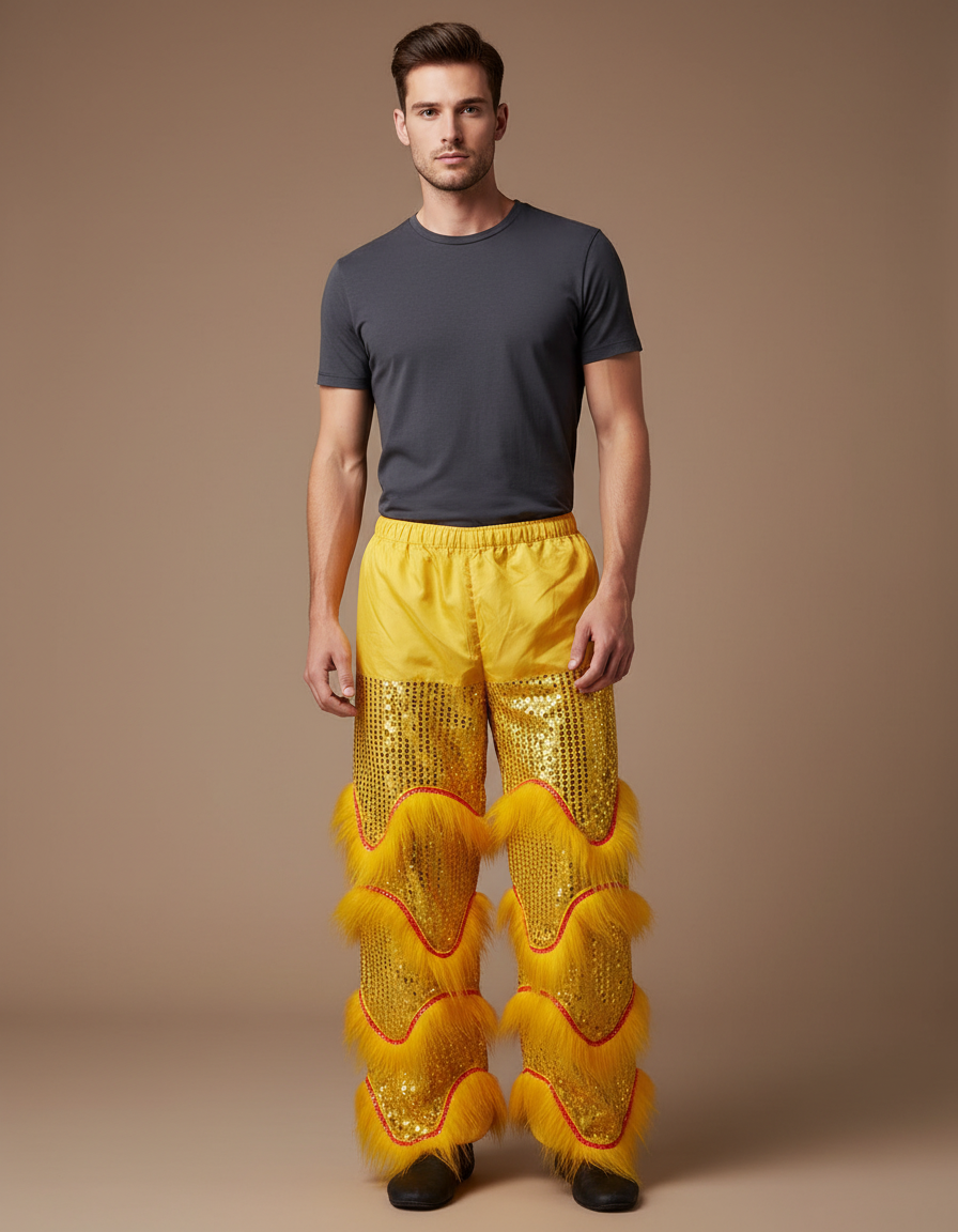 Pantalon Chinois Jaune Scintillant Fourrure Festif Homme - Polyester