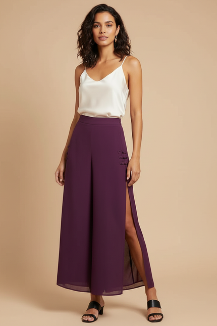 Pantalon Chinois Violet Fendu Fluide Taille Haute - Satin