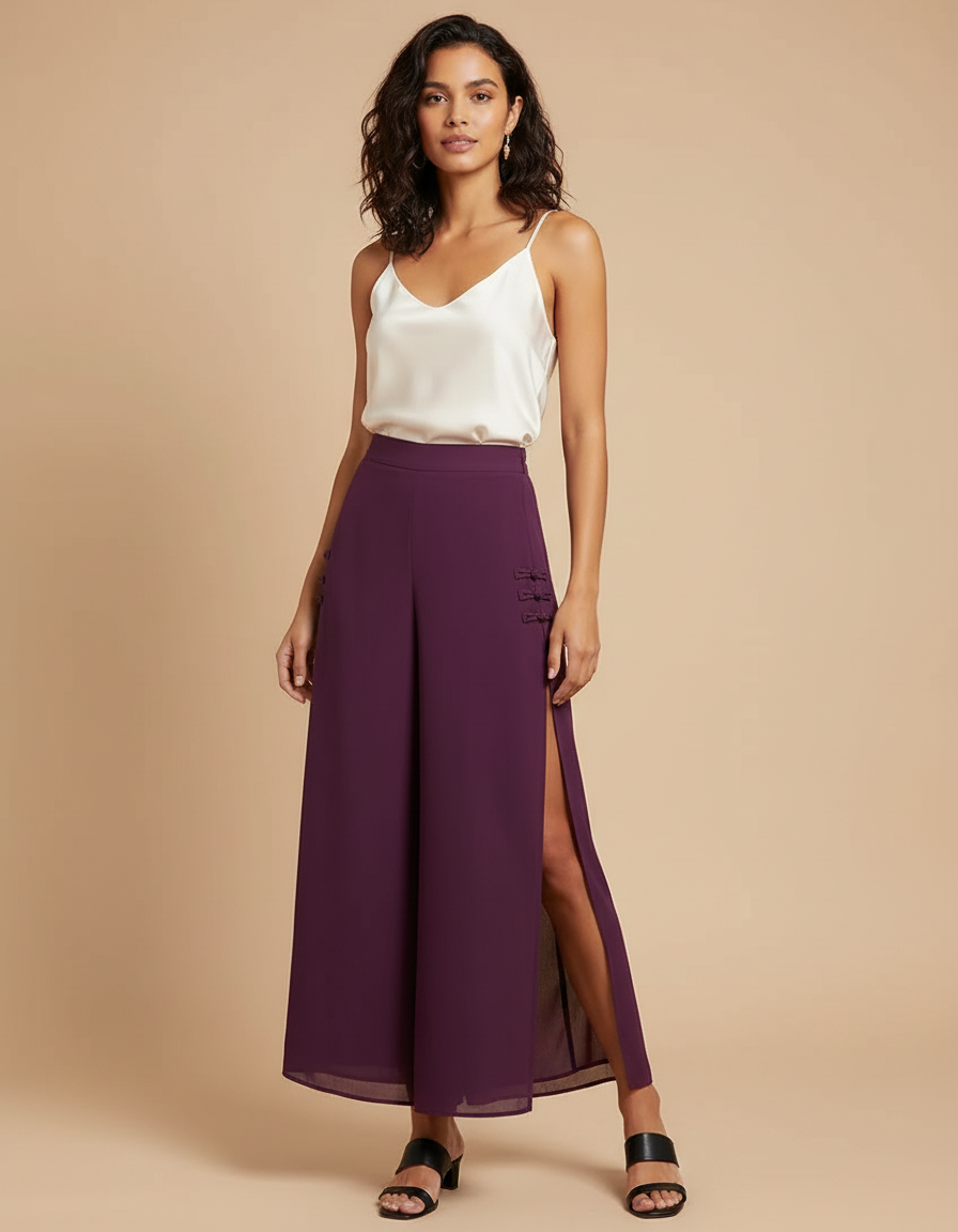 Pantalon Chinois Violet Fendu Fluide Taille Haute - Satin