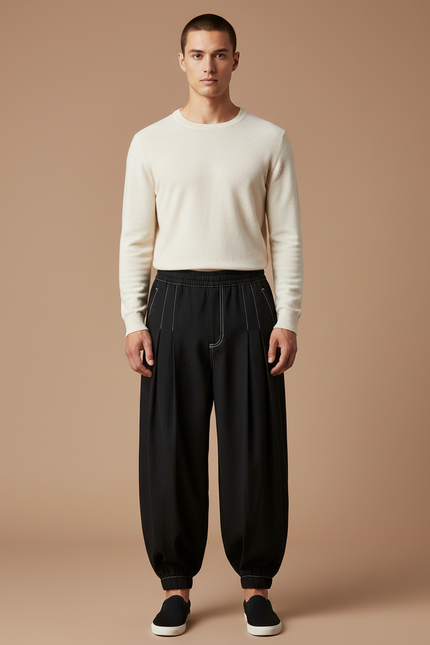 Pantalon Chinois Noir Ample Plissé Décontracté Coton