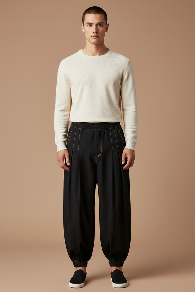 Pantalon Chinois Noir Ample Plissé Décontracté Coton
