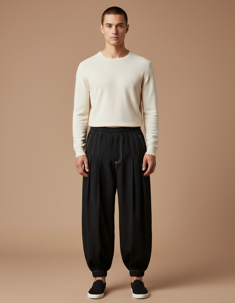Pantalon Chinois Noir Ample Plissé Décontracté Coton