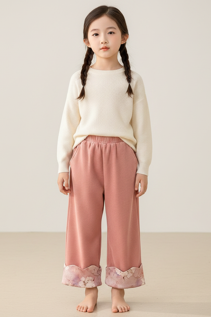 Pantalon Chinois Rose Côtelé Ample Floral Enfant - Cordé