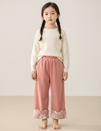 Pantalon Chinois Rose Côtelé Ample Floral Enfant - Cordé