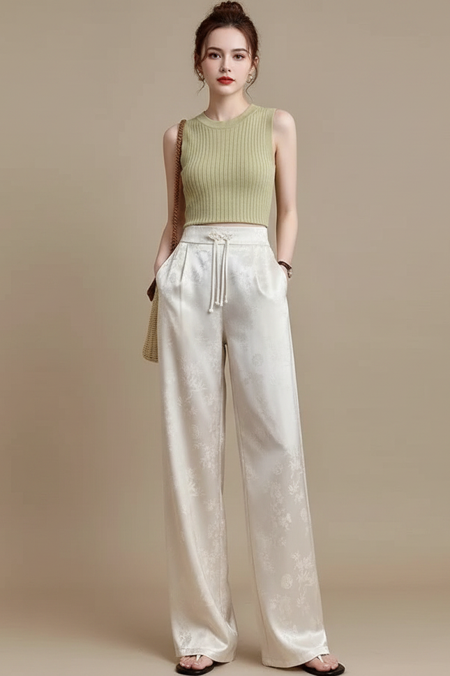 Pantalon Chinois Satiné Jacquard Évasé Taille Haute Femme - Beige