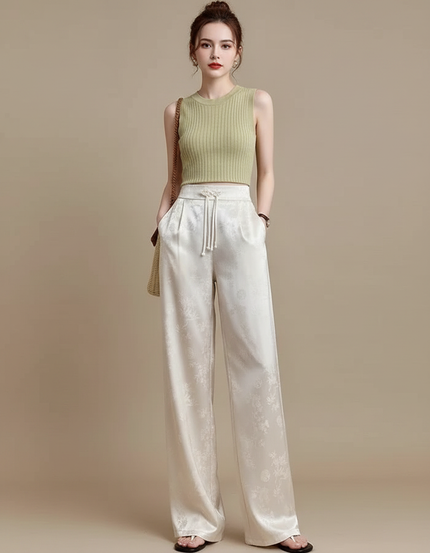 Pantalon Chinois Satiné Jacquard Évasé Taille Haute Femme - Beige