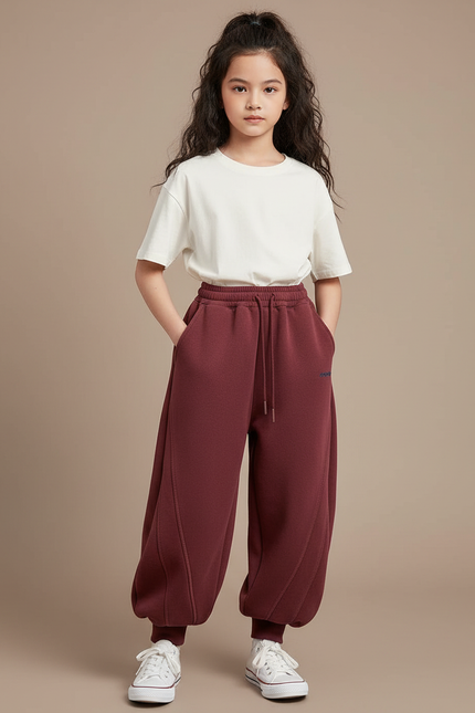 Pantalon Chinois Bordeaux Ample Sportif Molleton Enfant