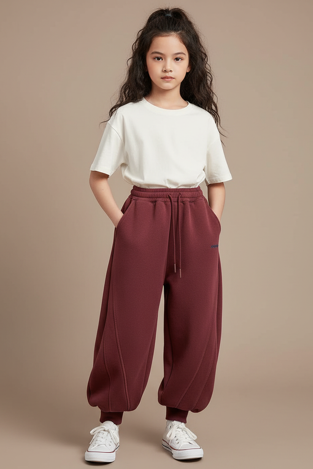 Pantalon Chinois Bordeaux Ample Sportif Molleton Enfant