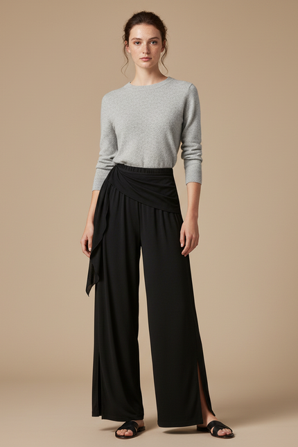 Pantalon Chinois Noir Fluide Ample Fendu Femme - Viscose