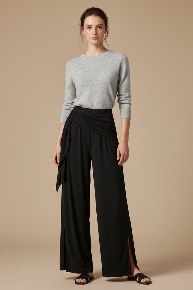 Pantalon Chinois Noir Fluide Ample Fendu Femme - Viscose
