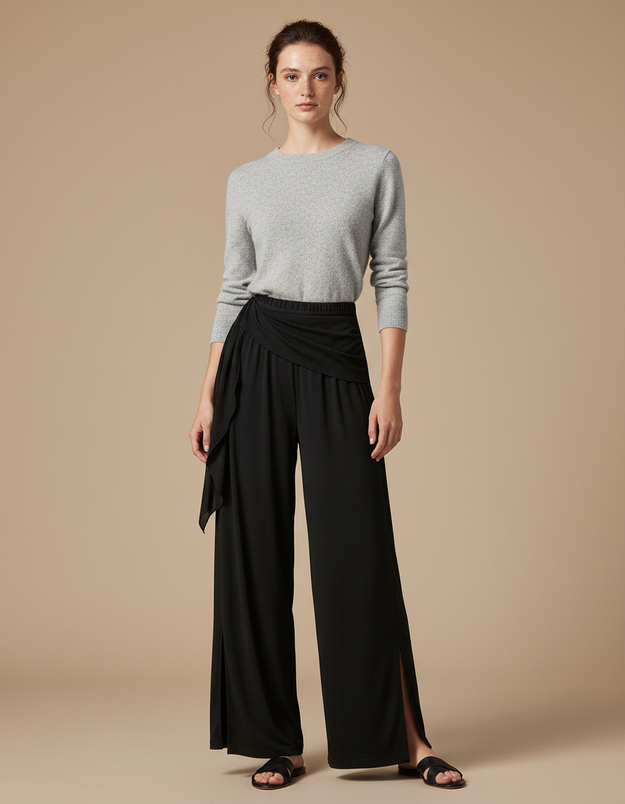 Pantalon Chinois Noir Fluide Ample Fendu Femme - Viscose