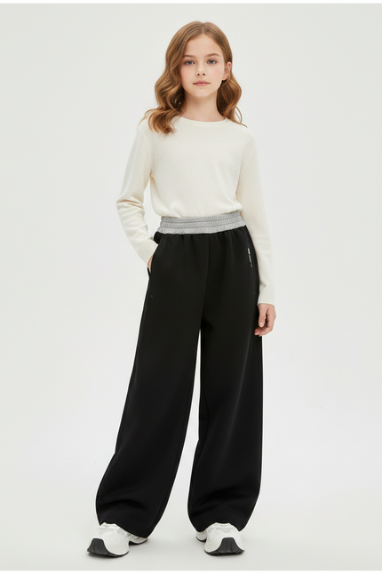 Pantalon Chinois Noir Ample Coton Élastique Fille - Molleton