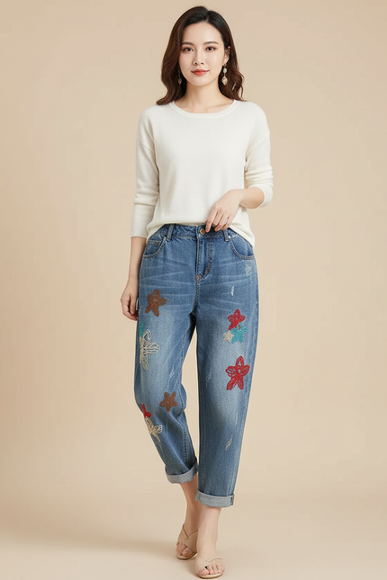 Pantalon Chinois Denim Floral Ample Déchiré Femme - Bleu Jean