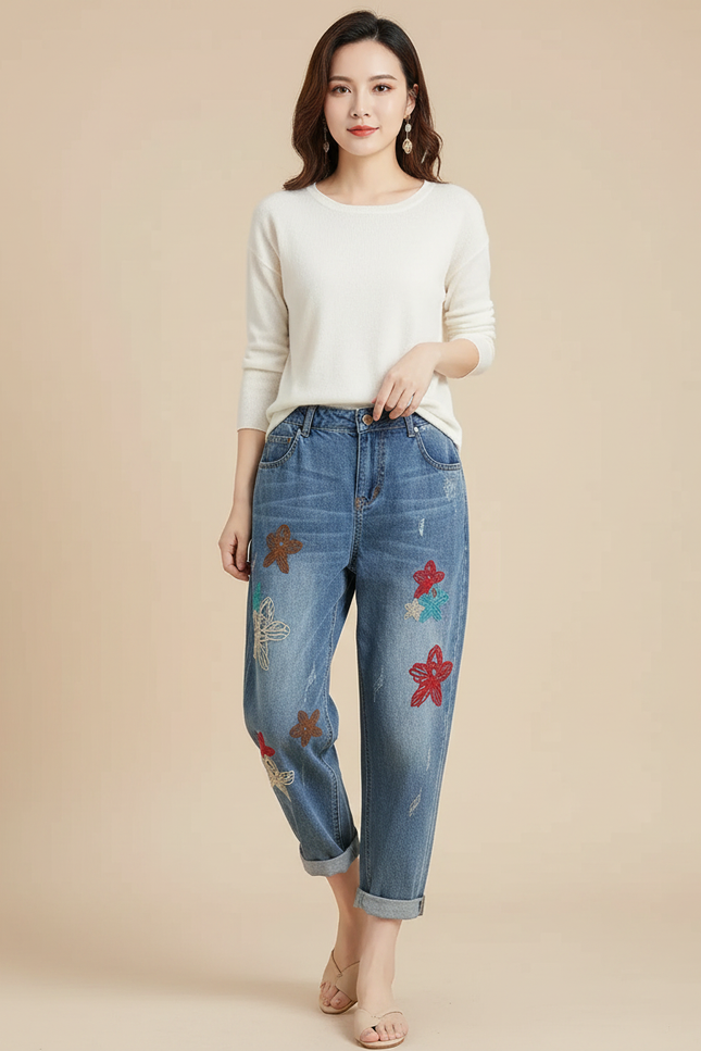Pantalon Chinois Denim Floral Ample Déchiré Femme - Bleu Jean