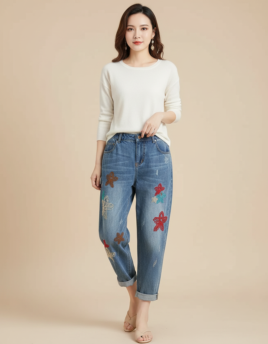 Pantalon Chinois Denim Floral Ample Déchiré Femme - Bleu Jean