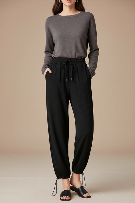 Pantalon Chinois Noir Ample Cordon Ribbed Confortable - Maille