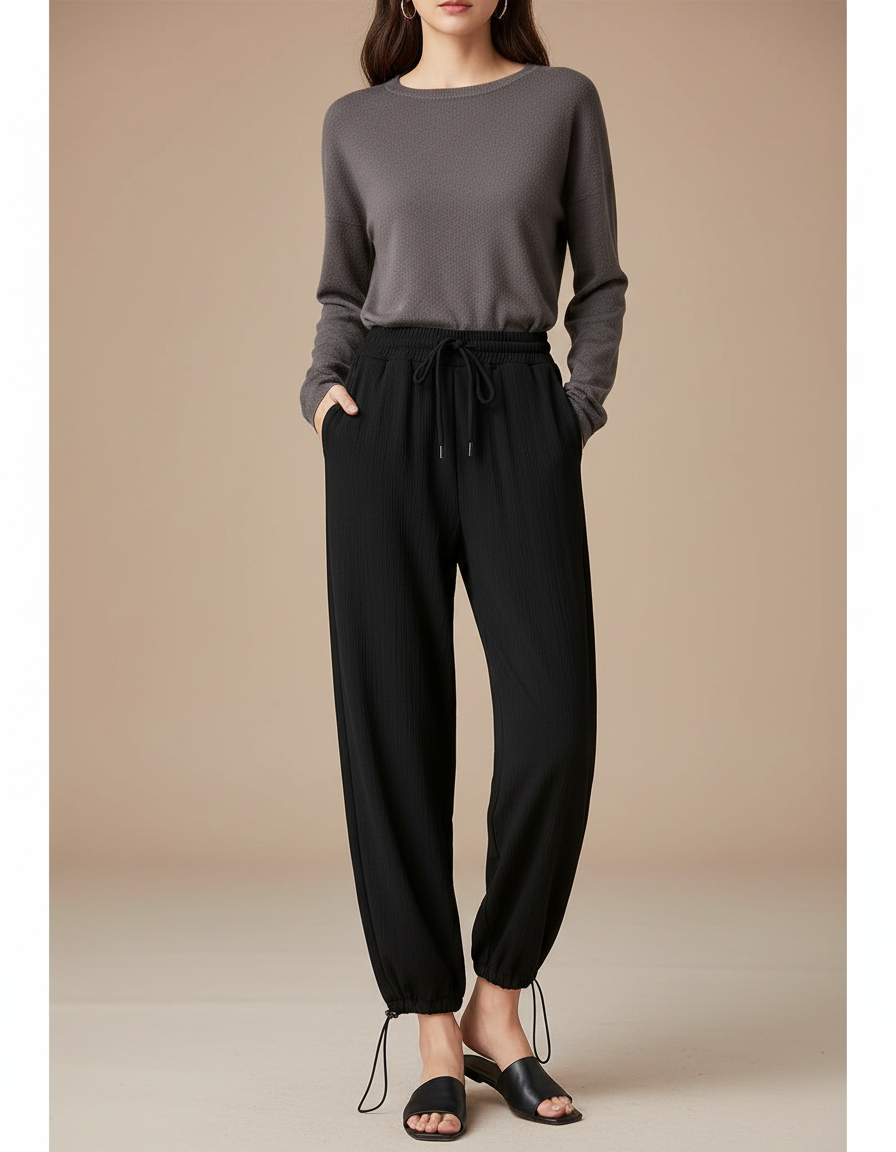 Pantalon Chinois Noir Ample Cordon Ribbed Confortable - Maille
