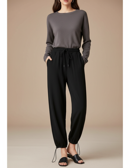 Pantalon Chinois Noir Ample Cordon Ribbed Confortable - Maille