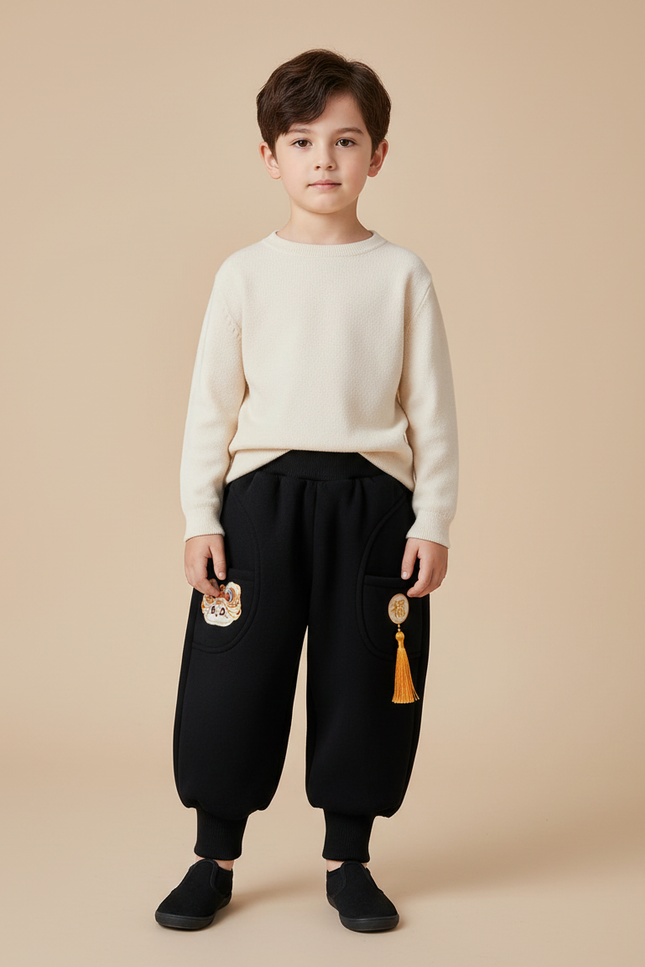 Pantalon Chinois Noir Ample Velours Enfant Tassel
