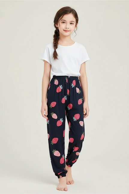 Pantalon Chinois Bleu Marine Fraises Ample Fille - Imprimé Viscose