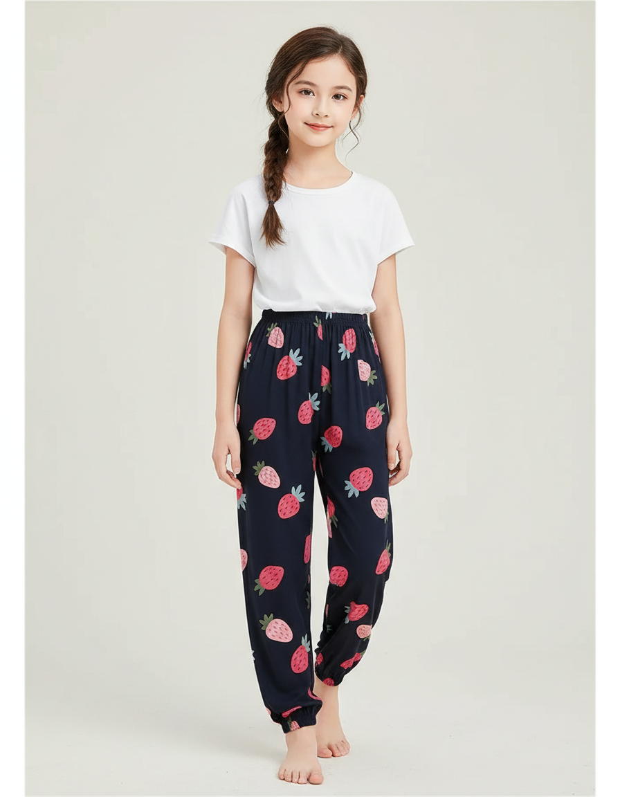 Pantalon Chinois Bleu Marine Fraises Ample Fille - Imprimé Viscose